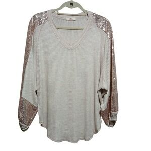 Hummingbird Women's Sequin Sleeve Top V-Neck Waffle Knit Champagne Small